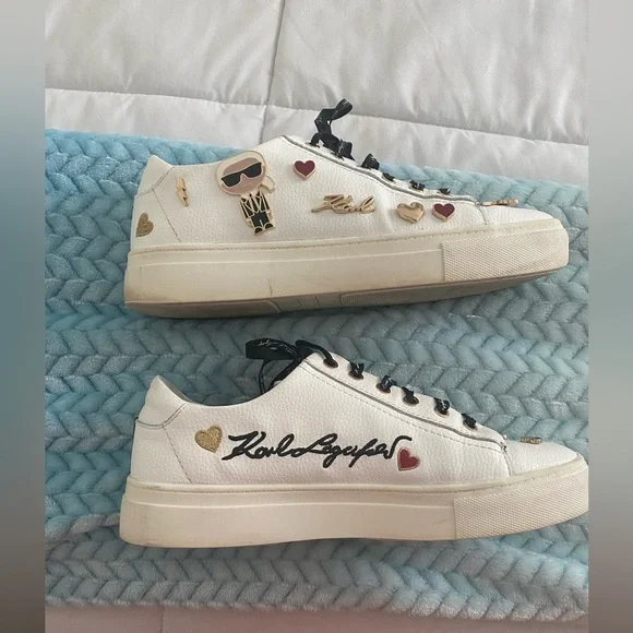 Karl Lagerfeld White Designer Sneakers Paris Cate Pin Logo Cat Size 8.5 - Picture 3 of 7